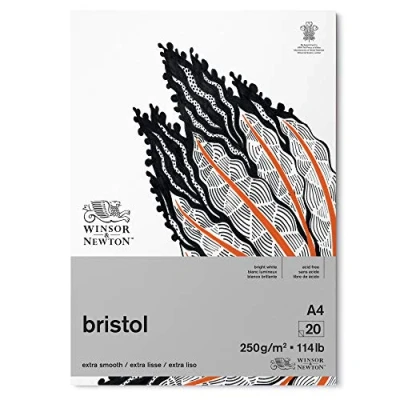 Bild av Winsor &amp; Newton 6661545 Bristol ritpapper i block 20 ark DIN A4, 250 g/m², huvudlimmat, strålande vitt papper för ritningar med tekniska pennor, fineliner, bläckpennor, airbrush