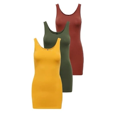 Bild av ONLY Onllive Love Long Tank Noos topp, Gul/grön/röd (1 x gyllene gul, 1 kalamata, bränd henna), XL