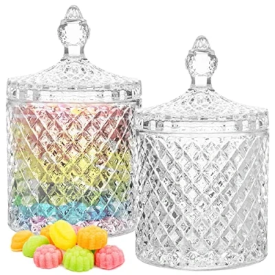 Bild av WSAMJIN 2 stycken sötsaker glasburk kristallglas, godisrätter med lock, dekorativa kupol formade förvaringsburkar lock snacks förvaringsbehållare för festsnacks