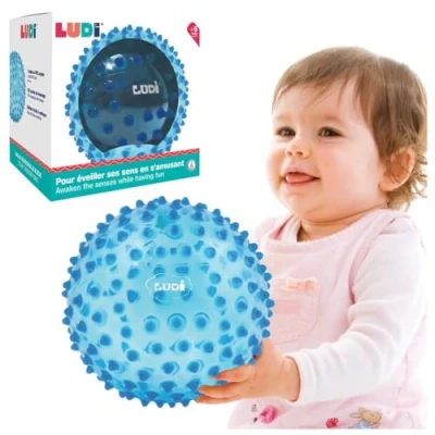 Bild av Ludi Blå massageboll Sensorisk uppvaknande för spädbarn från 6 månader mjuka pinnar stimulering, fingerfärdighet och koordination 100% PVC tvättbar Ø 20 cm avlastar tänderna