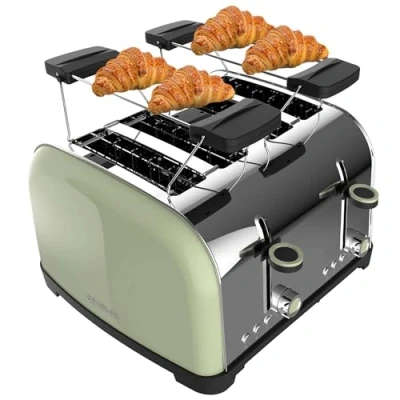 Bild av Cecotec Vertikal Brödrost Toastin&#039; Time 1500 Double Green. 1700W Effekt, Dubbel Kort Kortplats Och 3,8 Cm Bred Slits, Övre Stänger, Rostfritt Stål, Automatisk Avstängning Pop Up, Smuluppsamlare