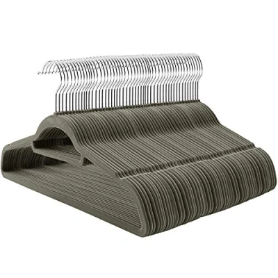 Bild av SONGMICS Sammetshängare, 100 pack, halkfria klädhängare, 0,6 cm tjocklek, platsbesparande, 360 vridbara krokar, 45 breda, för rock, jacka, skjorta, klänning, byxor, grå CRF100V