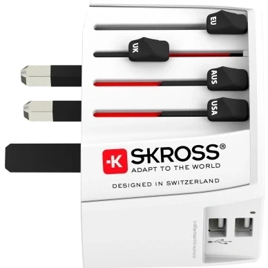 Bild av SKROSS 1.302960 MUV USB (2xA) Universeller 2 Pol Reiseadapter Komplett mit Ladebuchsen. Spannung und Leistung: 100V 250W / 250V 625W. Anti Stromschlagschutz
