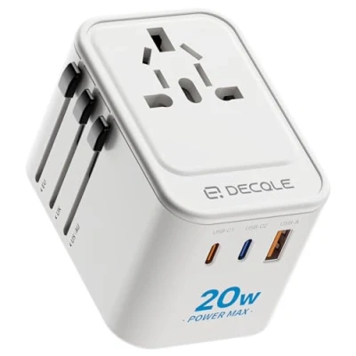 Bild av decqle Universell nätadapter, reseadapter med 2 USB C (PD 20W) och 1 A, universaladapter för EU, Storbritannien, amerikansk, Kanada, Australien 224 land (vit)