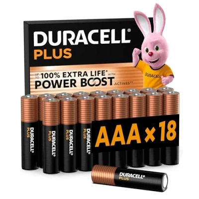 Bild av Duracell Plus AAA batterier (18 pack) Alkaliska 1,5 V Upp till 100 % extra brukstid Tillförlitlighet för vardagliga enheter Plastfri förpackning 10 års förvaring LR03 MN2400