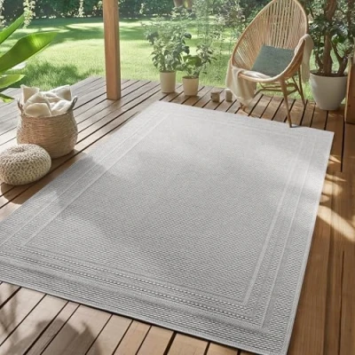 Bild av SIMPEX Utomhusmatta grå 140x200 cm, väderbeständig och UV beständig, idealisk för kök, balkong, terrass samt vardagsrum matsal, Enfärgad design med bård, lätt att rengöra