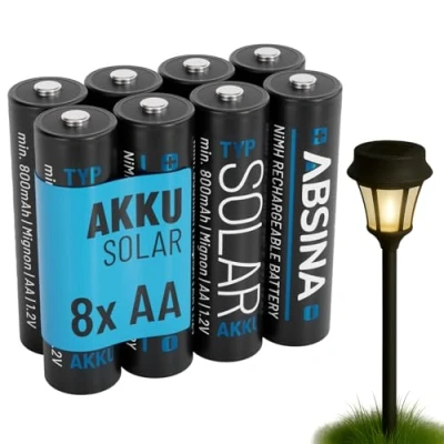 Bild av ABSINA 8 x solcellsbatteri AA uppladdningsbart 800 mAh 1,2 V NiMH Mignon solbatterier för solcellslampor solcellsbatterier med låg självurladdning batteri solbatteri, batterier