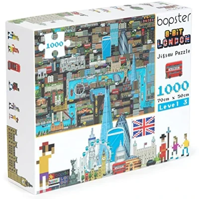 Bild av 1 000 bitar pussel för vuxna London 8 bitars retrostil tillverkad med 100 % återvunnen kartong nivå 3 av bopster