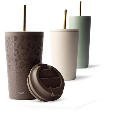 Bild av MAMEIDO termomugg med sugrör 470ml, Dryckesmugg lock och tillverkad av rostfritt stål dubbelväggig isolerad, läckagesäker, Coffee to go mugg (Wild Allure, 0,47l)