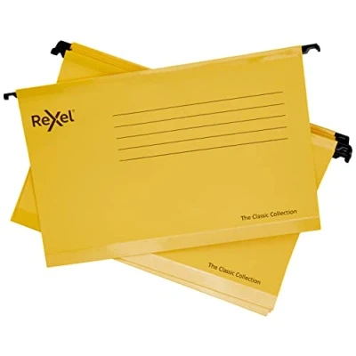 Bild av Rexel Klassiska Foolscap förstärkta upphängningsfiler för arkivskåp, 15 mm V bas, 100 procent återvunnet kort, gul, paket med 25, 2115593