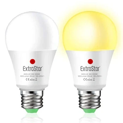 Bild av EXTRASTAR E27 LED lampa dagsljussensor, ljussensor glödlampa 9 W, varmvit 3 000 K, skymningssensor, 2 stycken