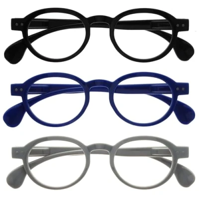 Bild av OPULIZE OCA läsglasögon 3 pack modern retro rund ram svart, blå, grå herr dam fjädergångjärn RRR54 137 +2,00