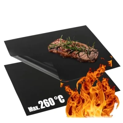Bild av COM FOUR® 2x BBQ grillmatta gjord av teflon värmebeständig ugnsmatta non stick grillfolie grill och bakmatta återanvändbar, tillskuren, tål diskmaskin (2 stycken svart)