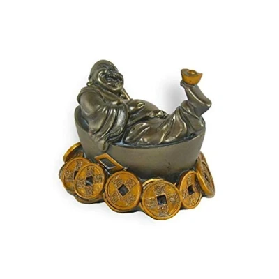 Bild av Lachineuse statyett skrattande Buddha Fortune staty liggande 11 cm färg guld och brons dekoration Feng Shui kinesiskt Zen dekorobjekt för inomhusbruk, presentidé Kina Asien