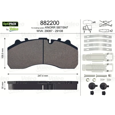 Bild av VALEO 882200 Jeu de plaquettes frein OPTIPACK Essieu avant, arrière contact signal d&#039;usure exclu sans kit vis fixation