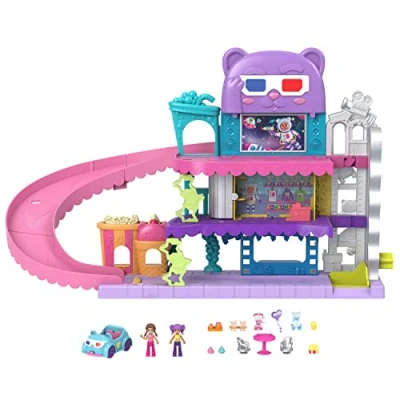 Bild av Polly Pocket Pollyville Drive in bio 2 dockor, 1 leksaksbil, 11 tillbehör, 3 våningar, hiss, duk, golvaxel, toaletter, snackstativ, för barn från 4 år, HPV39