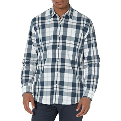 Bild av Amazon Essentials Men&#039;s Långärmad ledig poplinskjorta med normal passform, Vintage indigoblå Vit Rutig, L