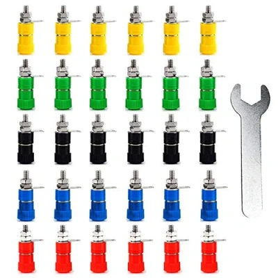 Bild av Aiqeer 30 st 4 mm bananuttag, bananbindning terminal, banankontakt bindande terminaluttag, banantyp panel honkontakt (röd, gul, blå, grön, svart)