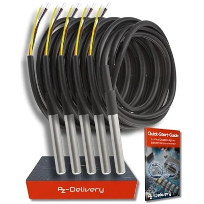 Bild av AZDelivery 5 x 1m Kabel DS18B20 Digital Temperaturgivare i Rostfritt Stål, Vattentät, kompatibel med Arduino och Raspberry Pi inklusive en E Book!