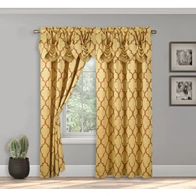 Bild av Elegant bekväm jacquard look gardin panel set med bifogad vattenfallskrans, (set 2), 137 x 213 cm, fyrklöver mönster, guld