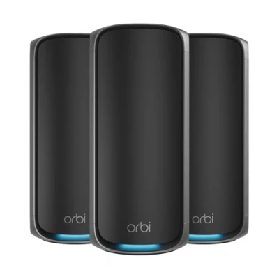 Bild av NETGEAR Orbi WiFi 7 Mesh Quad Band (RBE973SB), router + 2 satelliter, täcker 900 m², 200 enheter, BE27000, 27 Gbit/s, fungerar även om mycket tjocka väggar, kompatibel med alla lådor