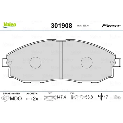 Bild av VALEO 301908 Jeu de plaquettes frein FIRST Essieu avant contact signal d&#039;usure inclus avec tôle anti bruit HYUNDAI: H 1 / Satellite MPV