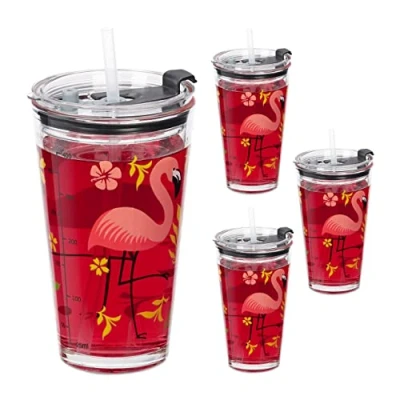 Bild av Relaxdays Dricksglas uppsättning om 4, flamingomotiv, lock och sugrör, 450 ml, glasbägare barn, smoothieglas, transparent