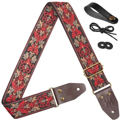 Bild av AMUUM Retro broderi gitarrrem passar bas, elektriska, akustiska gitarrer, Röd, 37.5“ 64“