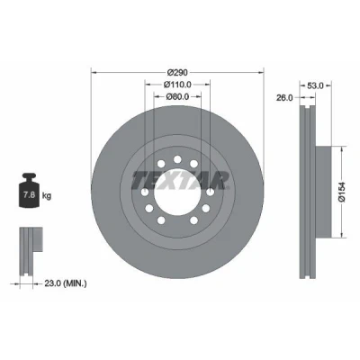 Bild av TEXTAR 93127200 Disque de frein 290 26 06/09 110 ventilé l&#039;intérieur sans roulement roue, boulon fix moyeu roue