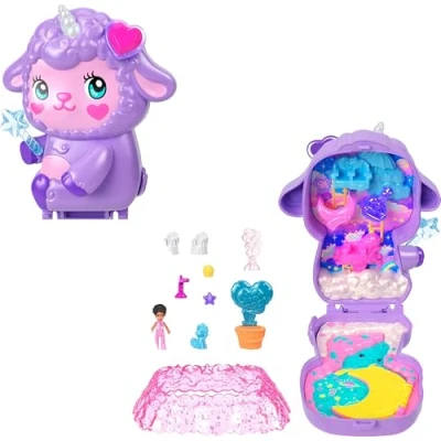 Bild av Polly Pocket dockor och lekset, Cozy Dreamland Lamb lekväska, reseleksak med en mikrodocka, enhörning, mat modeaccessoarer, JCB15