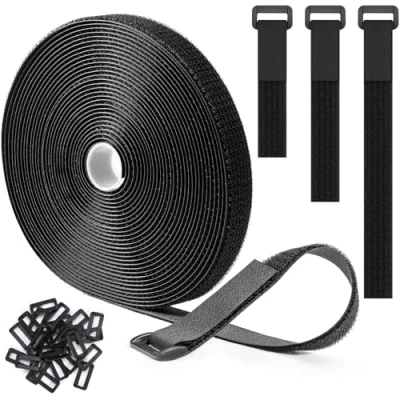 Bild av Trilancer Återanvändbara Kardborreband 10m x 2.5cm, Justerbara Kabelband med 50 öglor, Klippbara Band för Kabelhantering Och förvaring, Svarta
