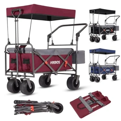 Bild av Arebos Rullvagn vikbar med tak lyxig handvagn 3 punkts bältessystem transportvagn XXL väska upp till 100 kg leksaksvagn 360 framhjul inkl. bärväska Röd