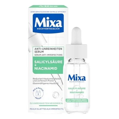 Bild av Mixa Anti orenhetsserum, för hud som är benägen akne, med salicylsyra, squalan och niacinamid, lämplig ansikte hals, allergivänlig, 30 ml