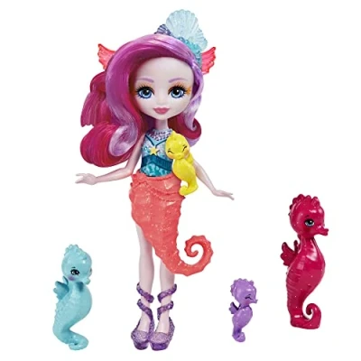 Bild av Enchantimals HCF73 Royal Sedda Seahorse docka (ca 15 cm) med 4 sjöhästfigurer, fantastisk leksakspresent för barn från 3 till 8 år