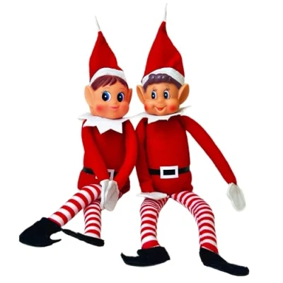 Bild av GLOW Uppsättning av 2 stygga små julhustomtar lekfull älvfigur med mjuk kropp, vinylansikte, krok och ögla grepp alver Behavin&#039; dåligt jul familj elfie Elvie leksak pojke flicka