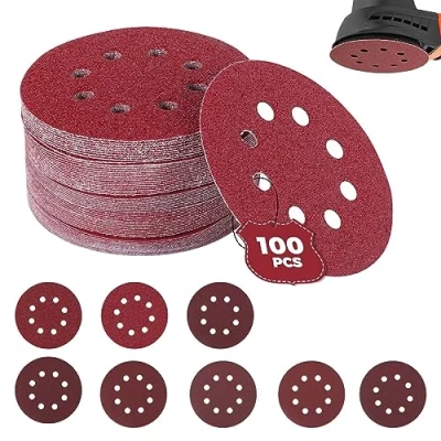 Bild av Sinand 100 stycken slippapper 125 mm kardborreband, slipskivor 8 hål, P40/P60/P80/P120/P180/P240/P320/P400 excentrisk runt sandpapper