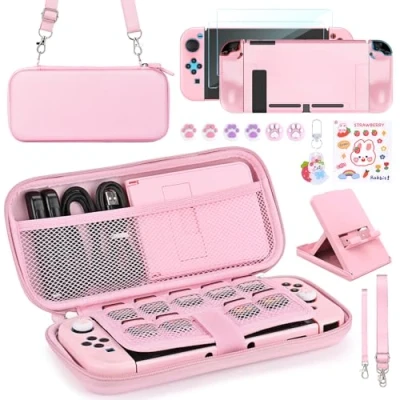 Bild av Younik Switch tillbehörspaket, 15 i 1 rosa brytartillbehörssats för flickor, inklusive bärväska med 9 spelkortplatser, justerbart stativ, skyddsfodral konsol och J Con