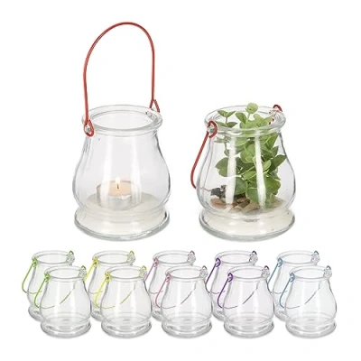 Bild av Relaxdays Vindlampa, set om 12, glas, med färgglatt handtag, inomhus och utomhus, värmeljushållare, H x D: 10 8,5 cm, transparent, järn
