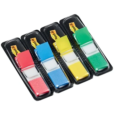Bild av Post it index flaggor smal, förpackning med 4 dispenser, 35 ark per 11, 9 mm x 43, 2 mm, gul, röd, grön, blå för markering, markering eller färgkodning av viktig information