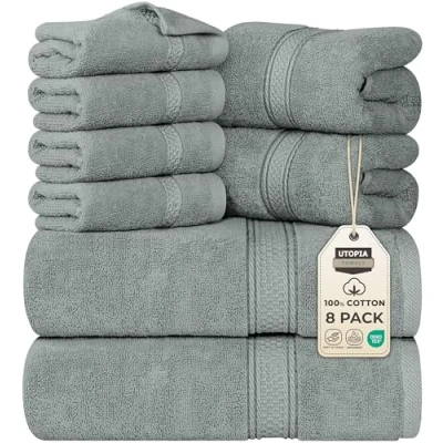 Bild av Utopia Towels 8 delade premiumhandduksset, 2 badlakan, handdukar och 4 tvättlappar, 100% ringspunnen bomull högabsorberande för badrum, gym, hotell spa (Kallt Grå)