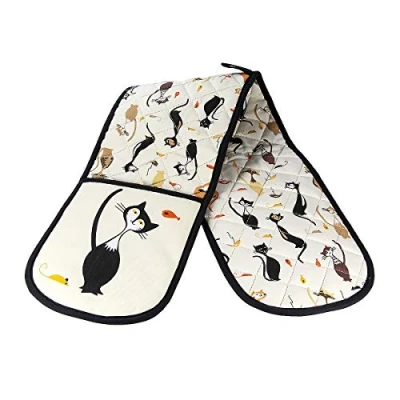 Bild av SPOTTED DOG GIFT COMPANY Dubbel Ugnshandskar, Köksugnshandskar, Ugnsvant Värmebeständiga Hängslinga för Matlagning, Bakning Svart Katt Motiv Kattpresent till Kattälskare