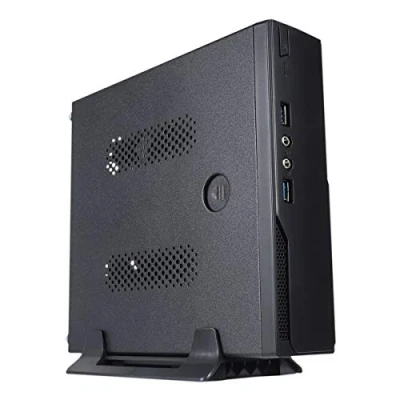 Bild av UNYKAch UK1003 Mini ITX datorhölje med två USB 3.0 anslutningar på framsidan och VESA stöd för vertikal placering