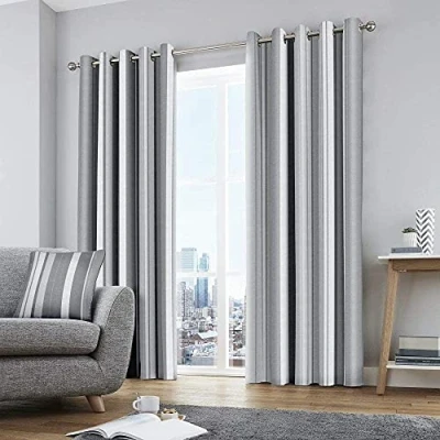 Bild av Fusion grå randiga gardiner, B 229 x L cm (90 90 tum) 2 paneler 100% bomull öljettgardiner och draperier för sovrum vardagsrum gardiner i grått matchande kudde