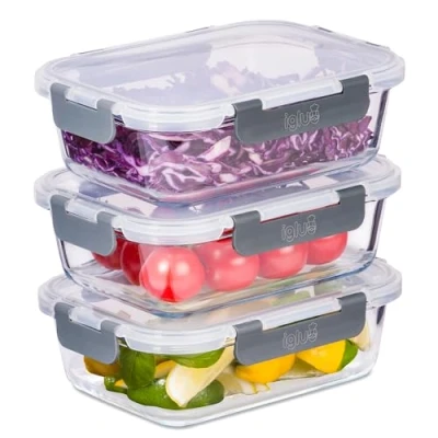 Bild av Igluu Matlåda i glas med läckagesäkert SnapLock Lufttät portionskontroll för måltidsförberedelser. BPA fri plast, Säker att använda mikrovågsugn, diskmaskin och ugn 1050ml (3 pack)