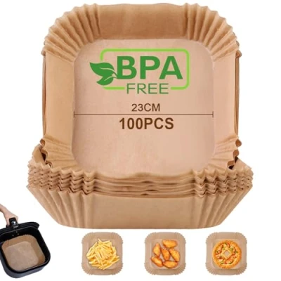 Bild av AiQInu Bakplåtspapper för varmluftsfritös, 100 stycken 23 cm BPA fritt luftfryer bakpapper fyrkantigt vattentätt oljebeständigt pergamentpapper liner tillbehör, varmluftsfritös ugn