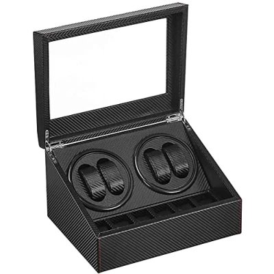 Bild av Automatische Uhrenbeweger Box PU Leder Uhrengehäuse mit leisem Motor Batteriebetrieb oder Netzteil für Automatikuhren (Faser aus Kohlenstoff DGW)