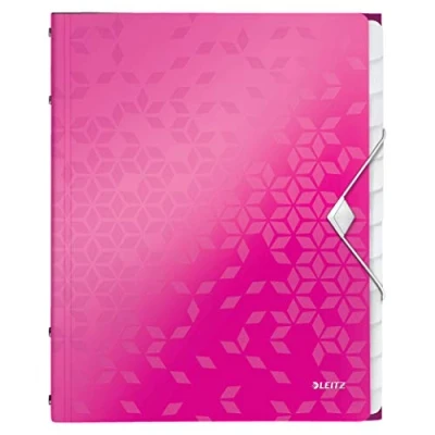 Bild av Leitz WOW Sorteringsmapp, A4, upp till 200 ark, integrerat register, 12 fack, elastiskt band, rosa metallic, 46340023