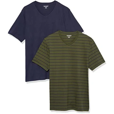 Bild av Amazon Essentials kortärmad v ringad t shirt för män (finns i stor och lång), 2 pack, marinblå/oliv/rand, X Small