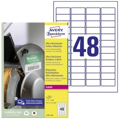 Bild av AVERY Zweckform L7911 40 Hållbara foliemtiketter (1 920 klistermärken, 45,7 x 21,2 mm till A4, extremt stark självhäftande, för svåra ytor, tryckbar självhäftande utomhusfolie) ark, vit