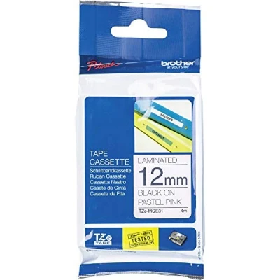 Bild av Brother original laminerat etikettband TZe MQE31 12 mm, (inklusive för P touch H200, H100LB/R, H105, E100/VP, D200/BW/VP, D210/VP, Cube) TZEMQE31 svart rosa